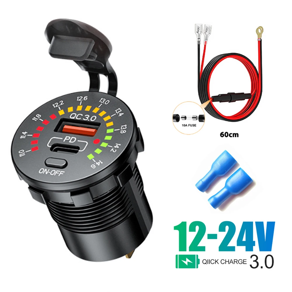 36W Dual USB QC 3.0 Autoladegerät mit LED Voltmeter ON OFF Schalter 12/24V Wasserdichter USB PD Outlet Schnellladung für Auto Motorrad
