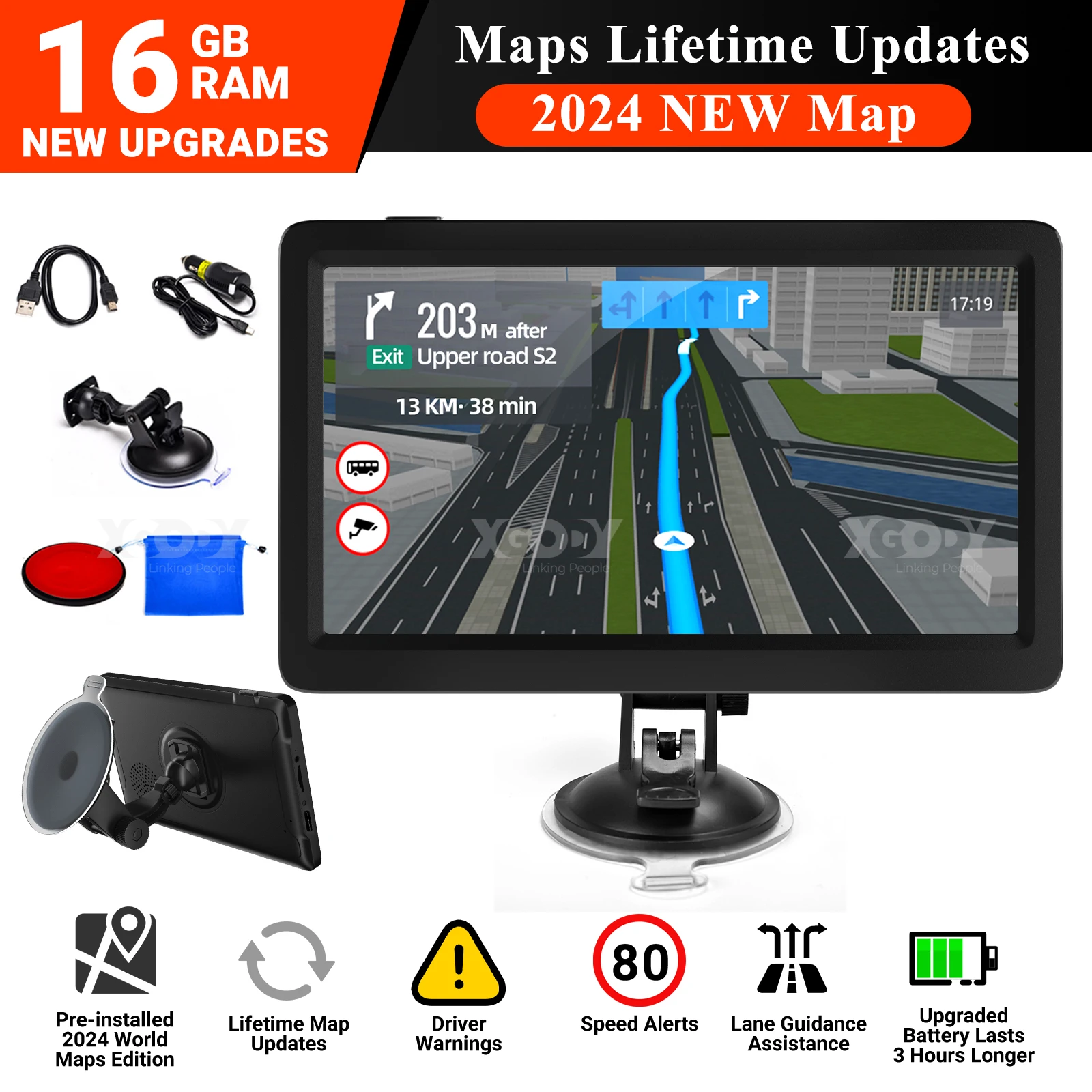 XGODY 9'' Zoll 16G Auto Auto Navigation UK/EU MAP TouchScreen für LKWs, Autos, Busse, GPS-Navigation POI