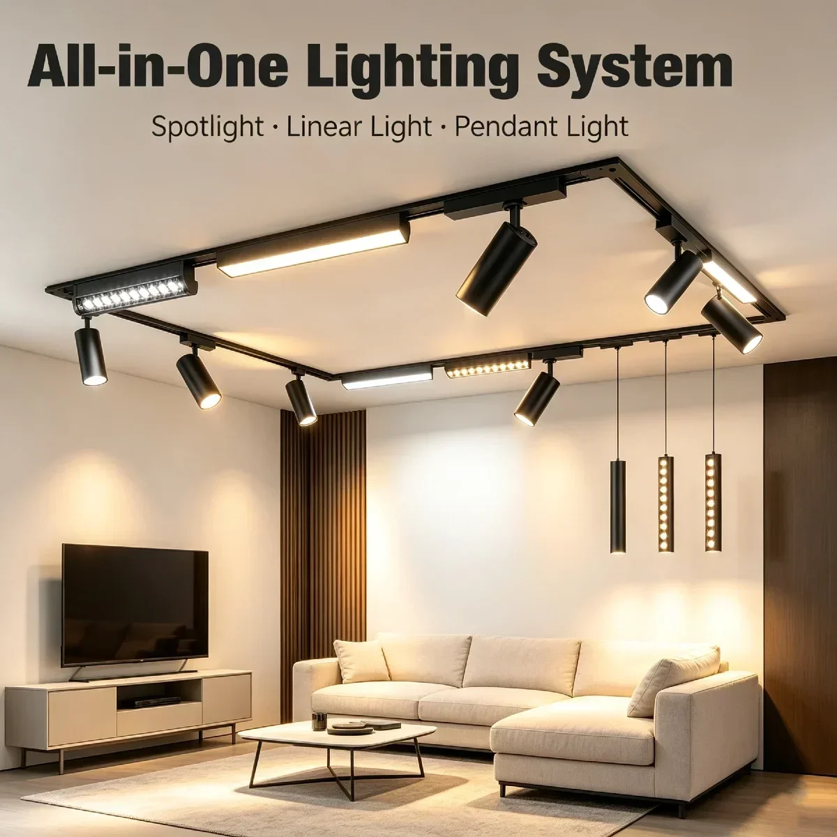 8mm Ultradünnes Magnetisches Schienensystem, mit Spotlight, Pendelleuchte, Gitterleuchte & Flutlicht CCT Dimmbare Deckenleuchten