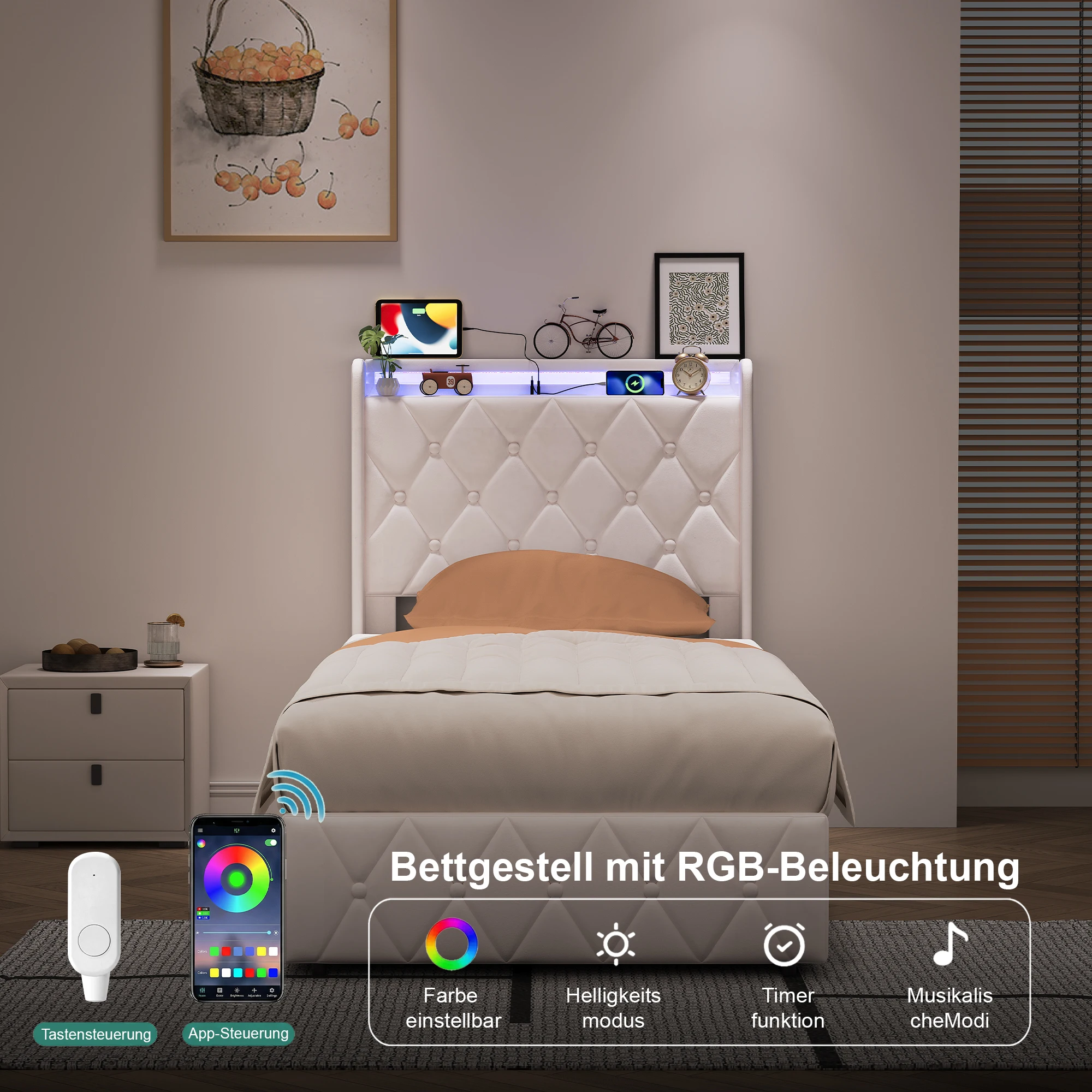 Creahappy, 90 x 200 cm Einzelbett, hydraulisches Bett, Schlafzimmerbett, Jugendbett, Bett mit Kopfteil und Stauraum für kleine Schlafzimmer, gepolstertes Bett, Samt, Beige, Matratze nicht im Lieferumfang enthalten