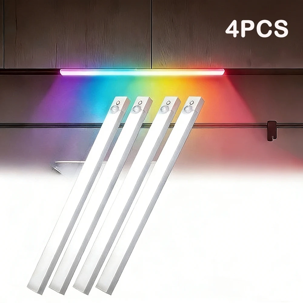 4-teilige RGB LED Schrankbeleuchtung mit Bewegungssensor, Wiederaufladbare Magnetische Kabellose Schrankbeleuchtung, Gaming-Atmosphäre 5 Modi Nachtlicht