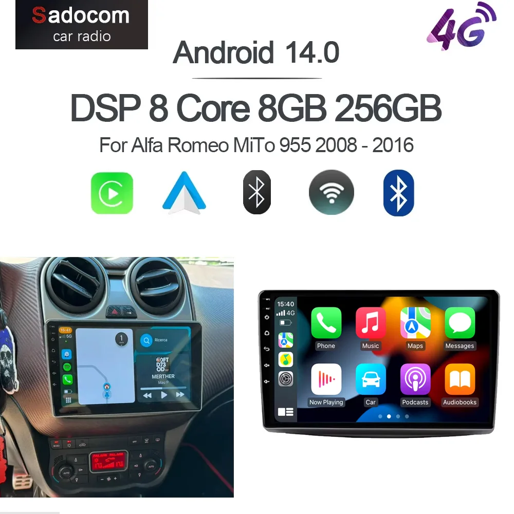 CarPlay 720P 8G+256GB 14 Zoll Autoradio GPS Stereo Radio Navigation Autoradio WiFi Navigation für Alfa Romeo MiTo 955 2008 - 2016