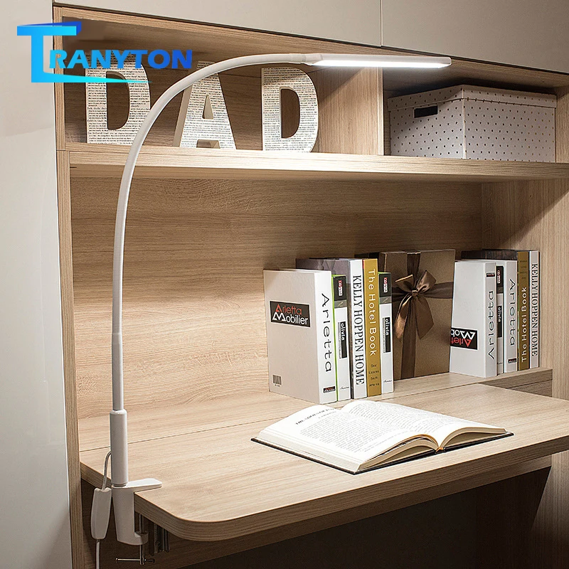 Langarm-Schreibtischlampe mit Klemme, Stehende LED-Leselampe, 3 Farbmodi, Dimmbare Helligkeit, USB-Klemmleuchte mit Schwanenhals-Schwenkarm für Nagelstudio, Homeoffice und Studentenwohnheim