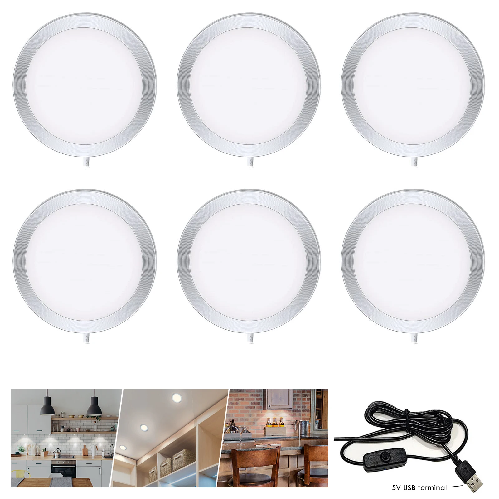 LED Unterbauleuchte 3W Rund Dimmbar Puck-Lampen-Set mit 5V USB-Schalter für Innenräume, Vitrinen, Schränke, Mini-Spot-Downlights