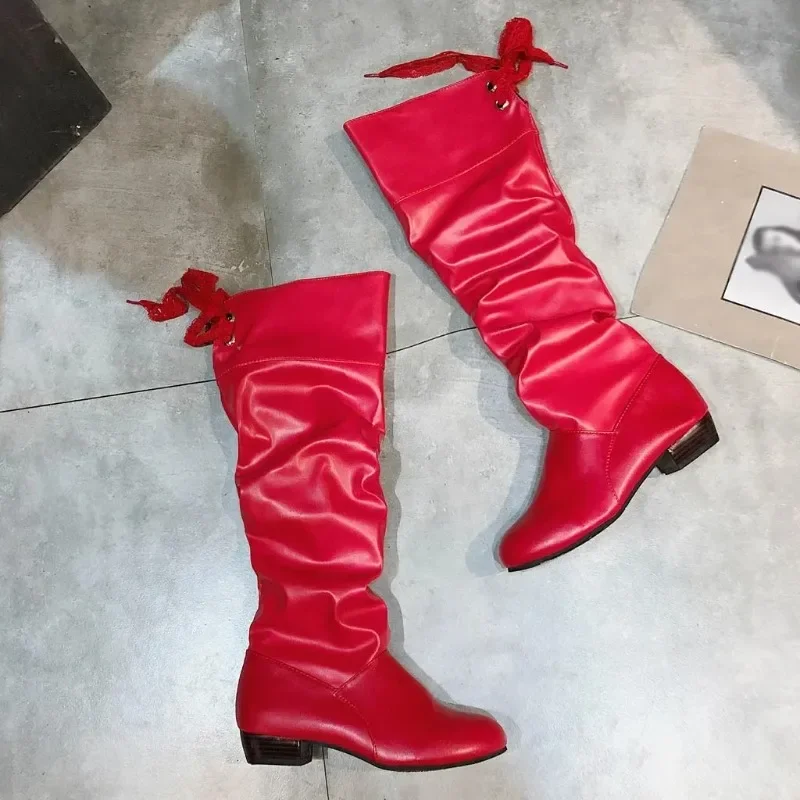 2025 neue Mode Frau Herbst Winter Stiefel Weibliche Stretch PU Leder Schuhe Frau Rot Weiß Roma Stil Knie-Länge plus Größe 43