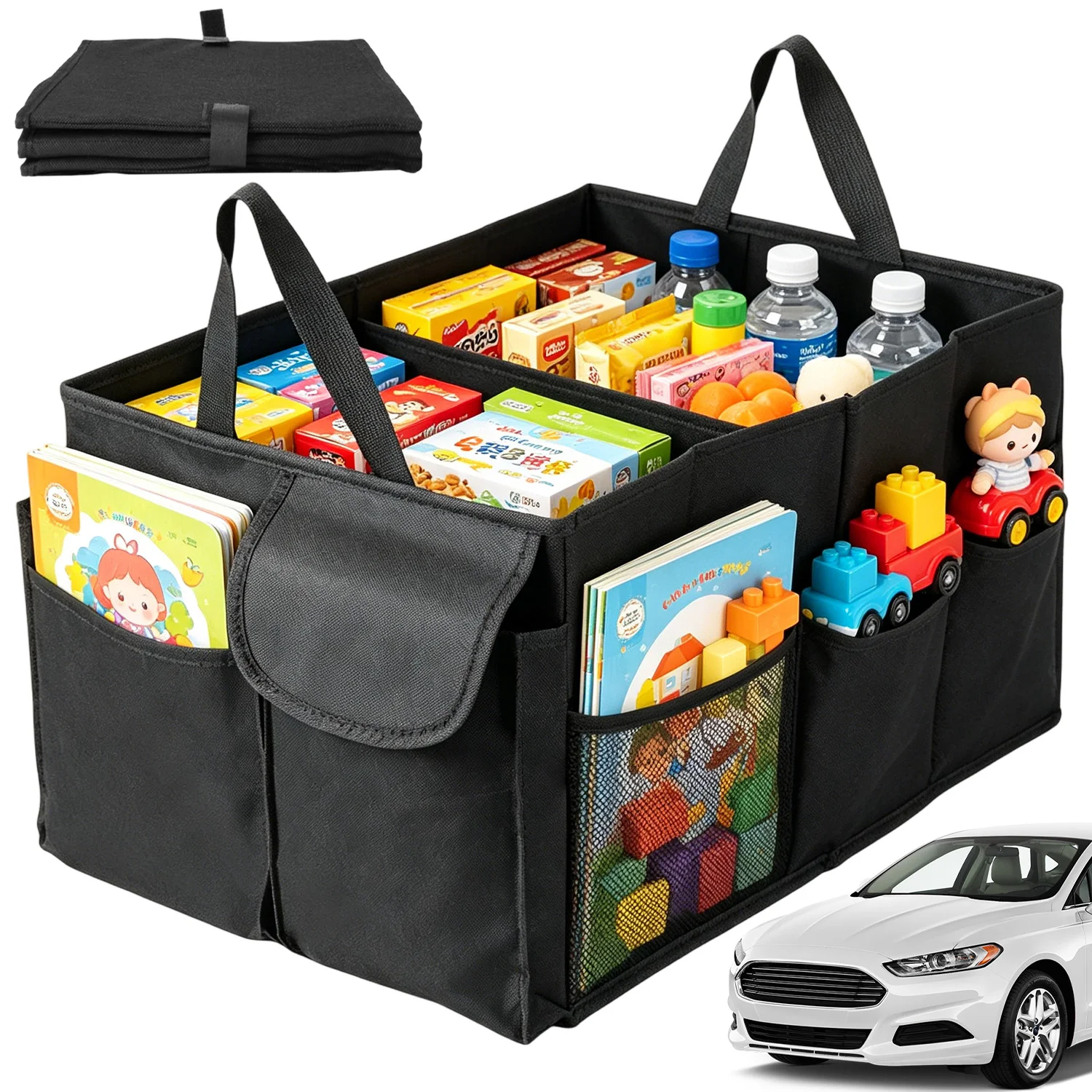 Kofferraum-Organizer, Korb für Auto, SUV, Limousine, Haushalt, Lebensmittel, Kofferraum-Aufbewahrung, Organizer, kleine zusammenklappbare Behälter für Familie, Haushalt, Lebensmittel, Snacks, Reinigungswerkzeuge, Erste-Hilfe-Set