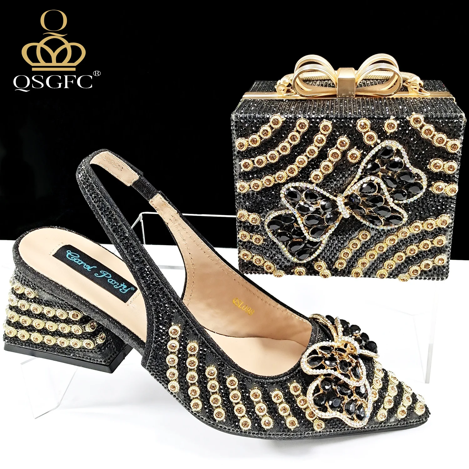 QSGFC Italienisches Design Schwarz Gold Farbe Diamant Kette Exquisite Dual-Use-Handtasche Und High Heels Für Party Frauen Schuhe
