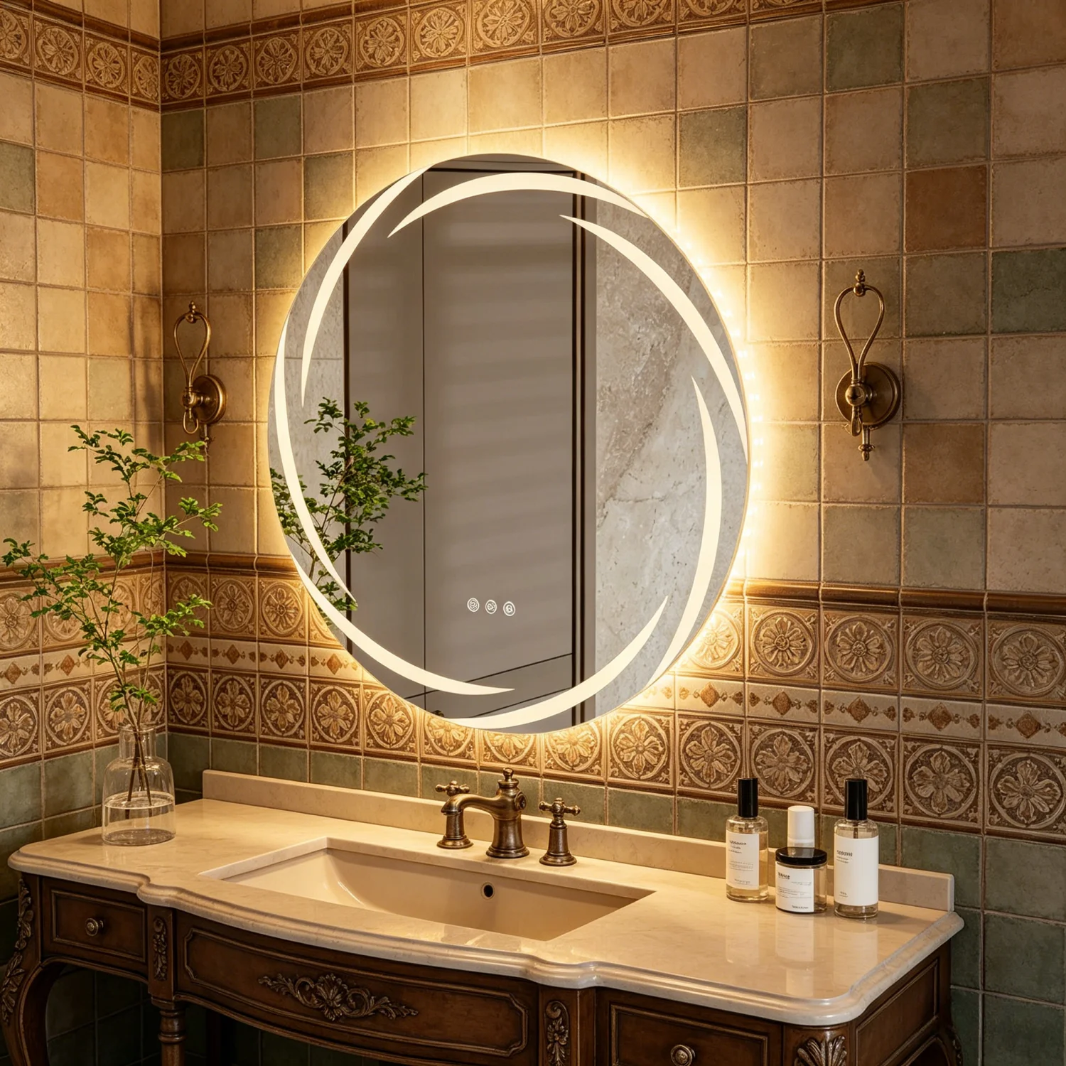 60/80CM LED Badezimmerspiegel Runder Hintergrundbeleuchteter HD-Wandspiegel Beschlagfrei Bruchsicher 3 Farblichter Dimmbar