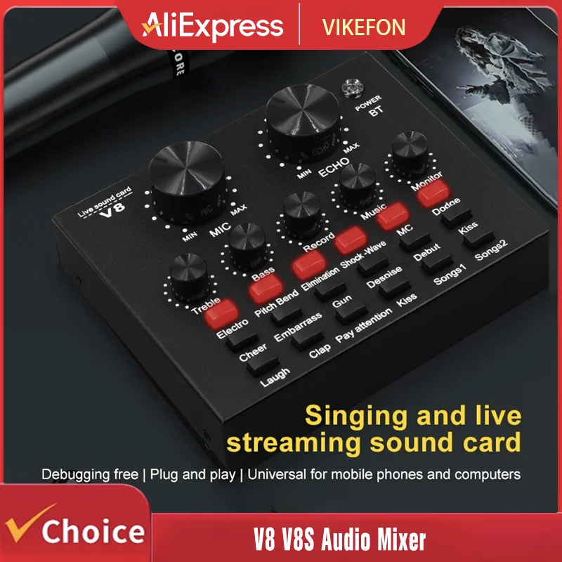 VIKEFON V8 V8S Audio-Mixer, USB, externes Headset, Mikrofon, Webcast, persönliche Live-Übertragung, Soundkarte für Telefon, Computer