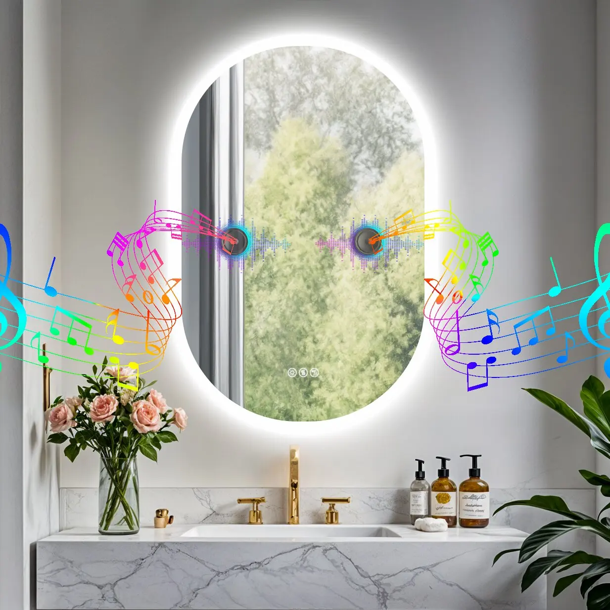 LED-Badezimmerspiegel, 900 x 600 mm, ovaler beleuchteter Wand-Kosmetikspiegel mit Bluetooth, 3 Farbwechsel, Temperatur- und Antibeschlagfunktionen