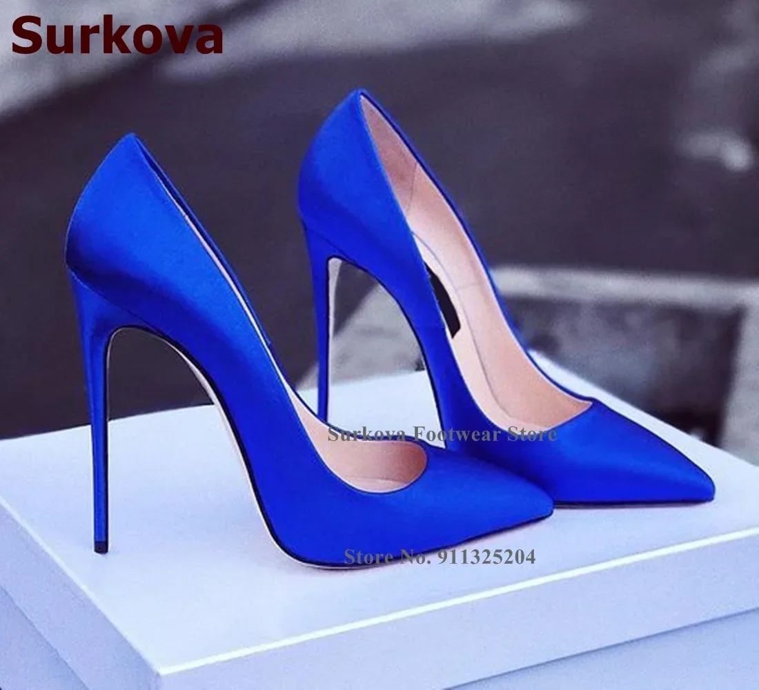 Surkova Sexy Satin Stoff 12 cm High Heel Schuhe Frauen Spitz Slip-on Flache Kleid Pumpen Seide Tuch bankett Pumpen Größe 45