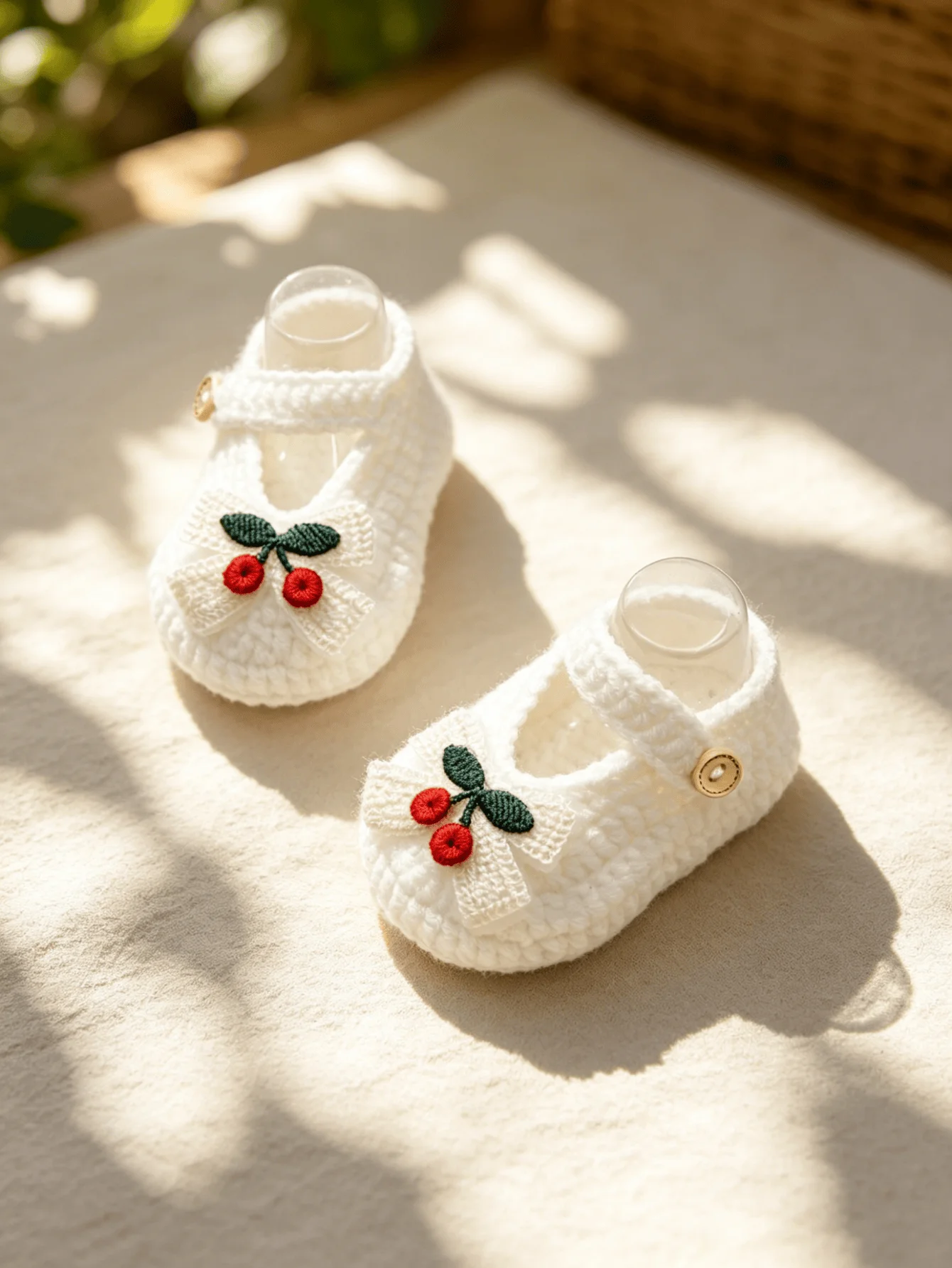 1 Paar gehäkelte Mary-Jane-Schuhe für Babys, weiß, mit Kirschstickerei und Schleife mit Knopfverschluss, Babyschuhe