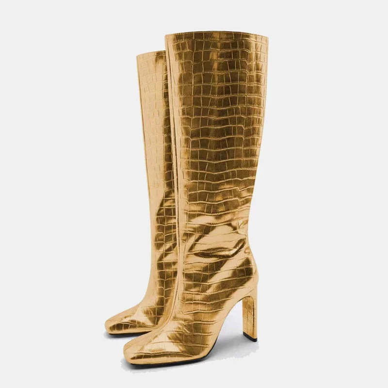 Kniehohe Damen stiefel Größe 34-43 Gold Silber 9,5 cm High Heel Winters tiefel europäische und amerikanische Square Head Fashion Show Schuhe