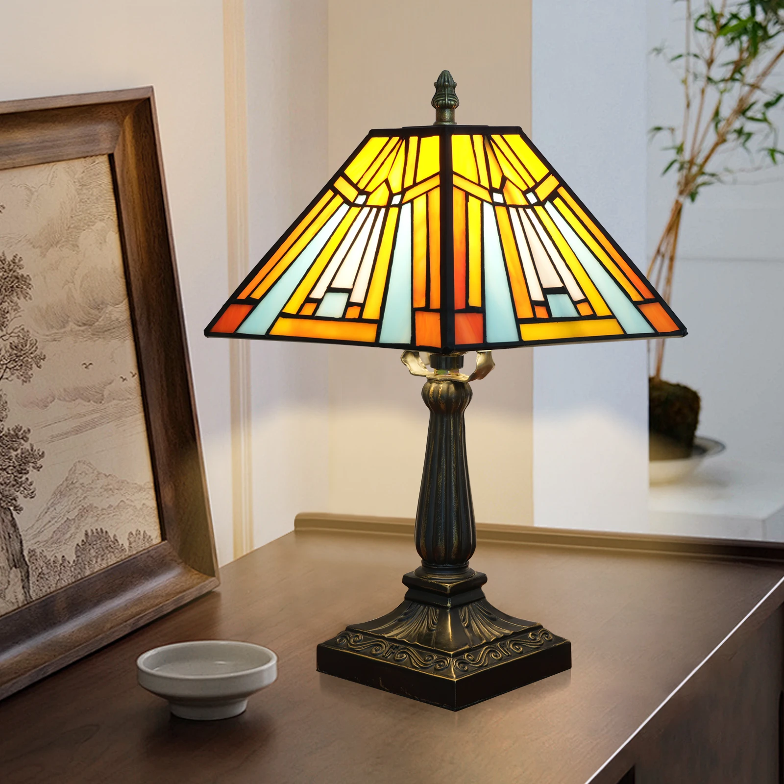 Tiffany Tischlampe Buntglas-Lampe im Mission-Stil Antike Schreibtischlampe Nachttischlampe für Büro Zuhause Wohnzimmer Schlafzimmer