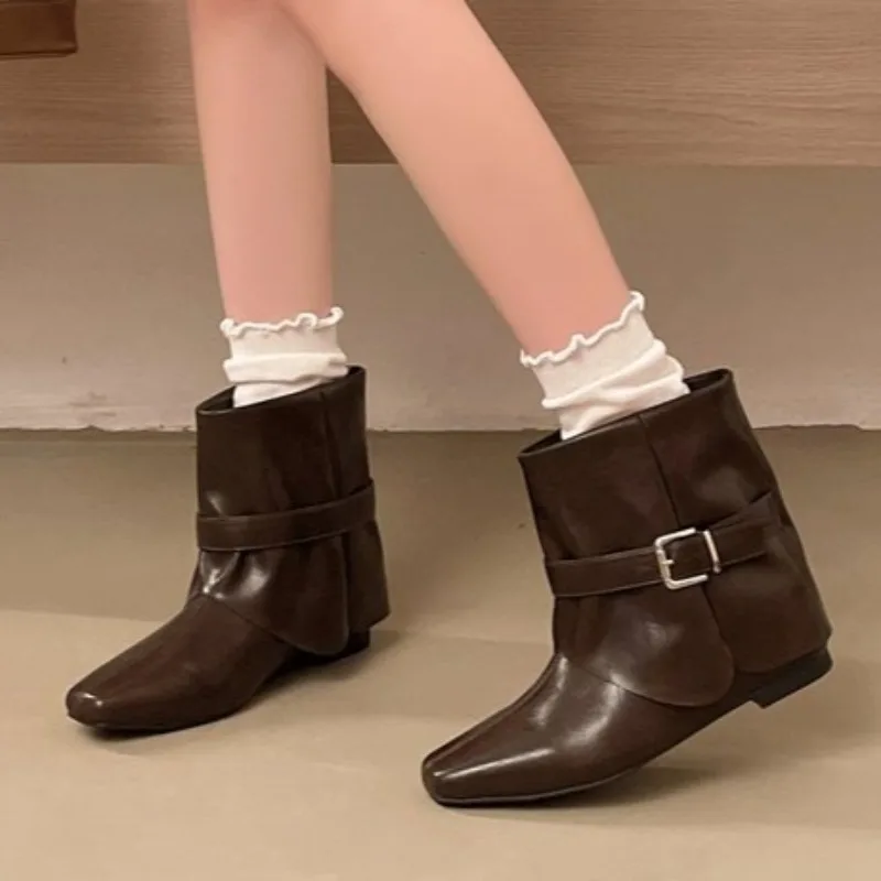 Damen-Schuhe mit niedrigem Absatz, moderne Damen-Stiefeletten, modische Schuhe mit Schnalle, spitze Zehenpartie, kurze Damenstiefel, Slip-On-Schuhe