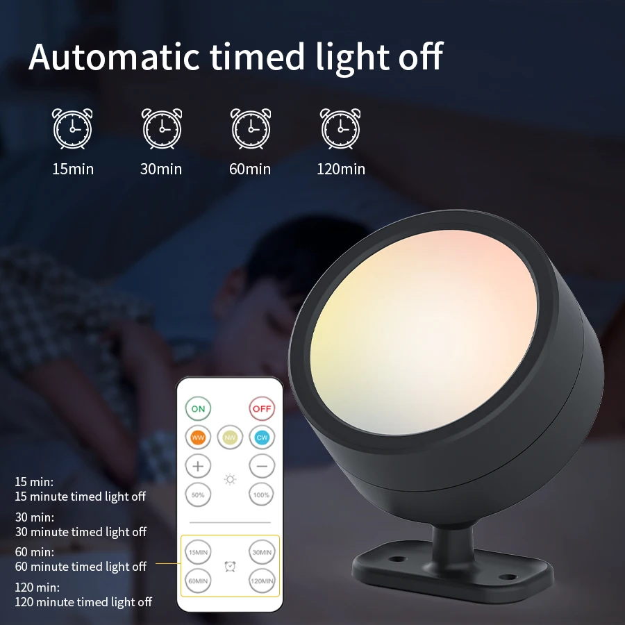Wiederaufladbarer LED-Strahler mit Fernbedienung Kabellose Wandleuchte für Schlafzimmer Raumdekoration RGB 360 ° Rotierendes Magnetisches Dimmbar-System