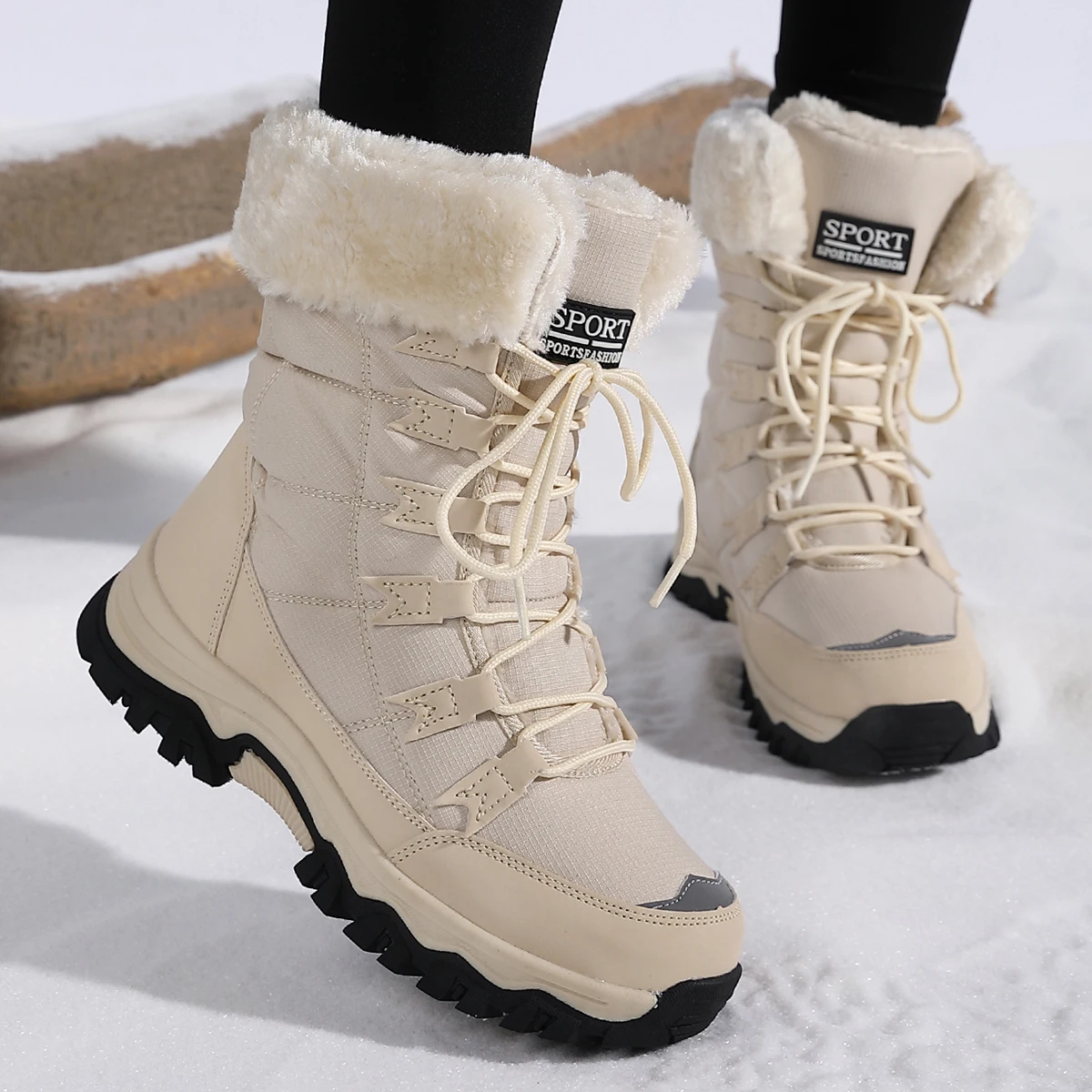 Damen-Schneestiefel, Damenschuhe, Winterstiefel mit Fleece-Futter, verdickte, warme Outdoor-Wanderschuhe, hohe Stiefel, mit dicker Sohle, Outdoor-Stiefel.