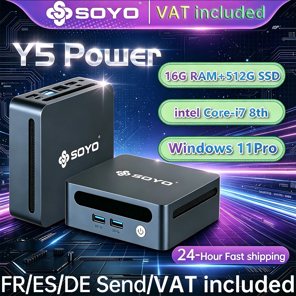 SOYO Mini-PC Y5 Power Intel Core i7 8. Generation CPU 16GB DDR4 512GB SSD Windows 11 Pro Mini-Desktop-Computer WiFi5 BT4.2 Dual 4K Display Gigabit RJ45 LAN USB3.0 Kompakter Mini-Host für Homeoffice, Business, tägliche Arbeit und Unterhaltung