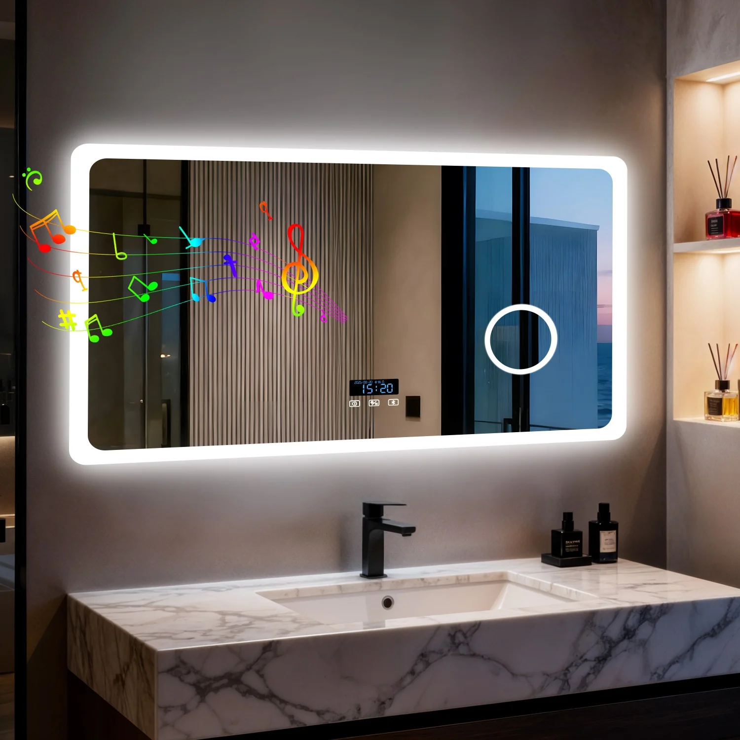 80/100/120/CM LED-Badezimmerspiegel mit Bluetooth, dimmbarer Kosmetikspiegel mit Hintergrundbeleuchtung, 3-facher Lupe und Bildschirmanzeige