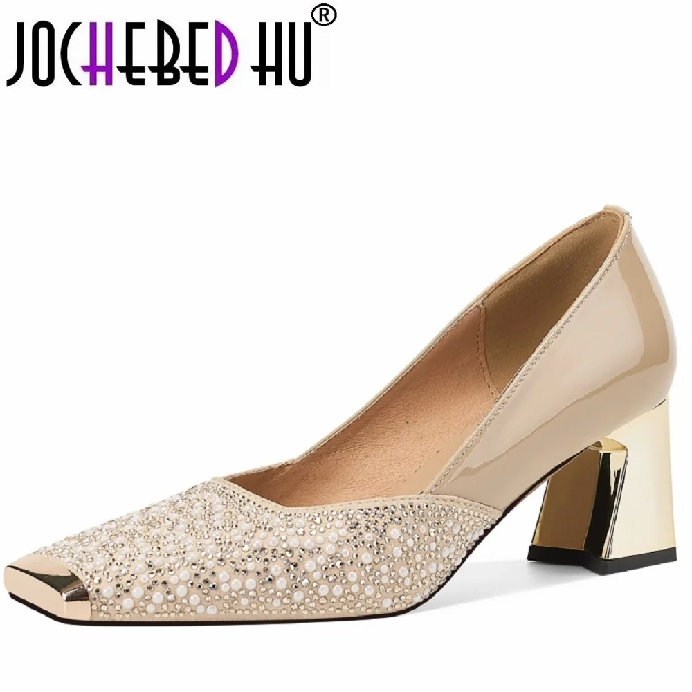 【JOCHEBED HU】Handgefertigte Damen-Slipper aus echtem Leder mit quadratischer Zehenpartie und Kristallschnalle, mittlerer Absatz, elegante Damenschuhe im OL-Stil, Größe 34–40
