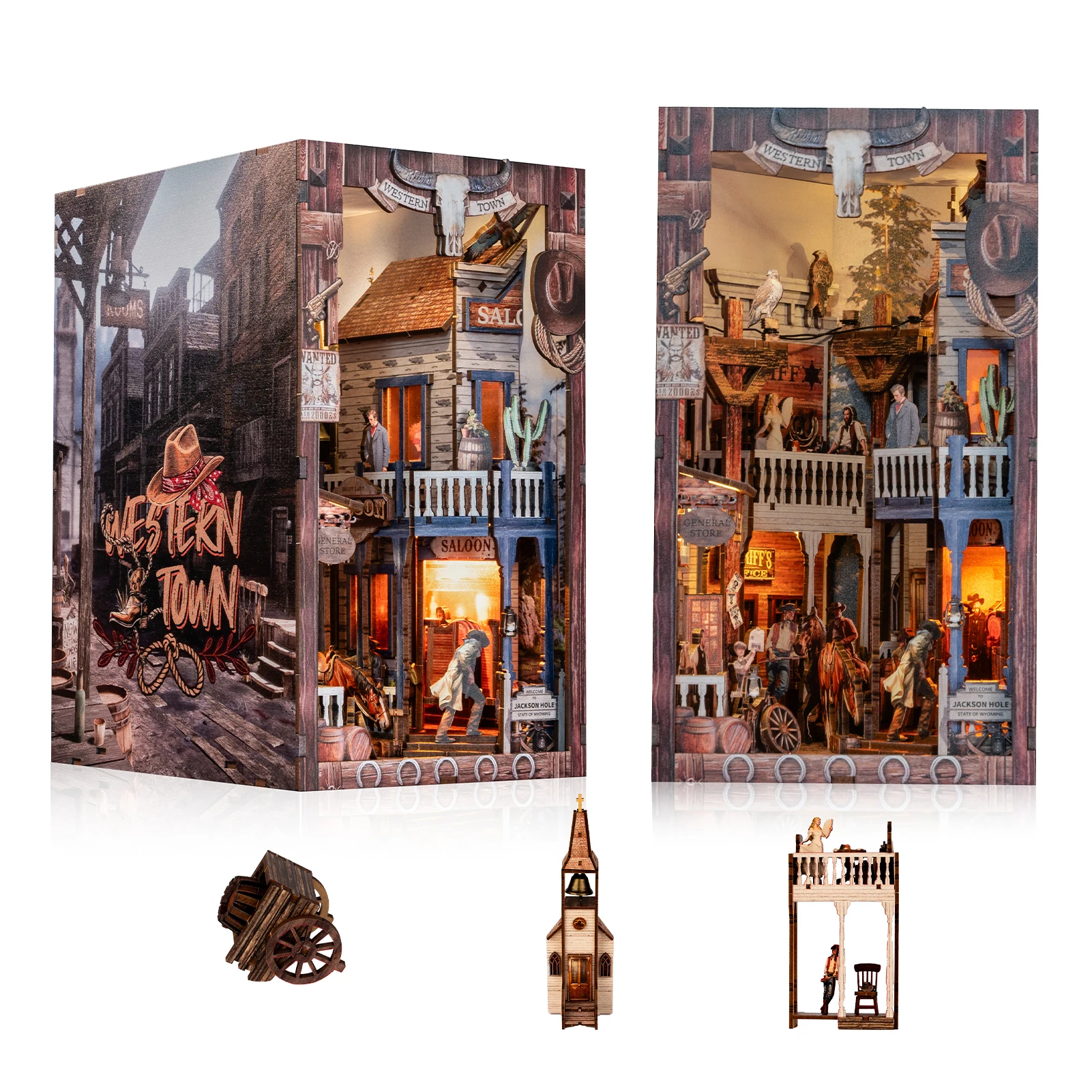 DIY Buchecke Holz Miniatur Modellbausätze Western Town Buchstütze 3D Puzzle mit Licht Bücherregal für Freund Geburtstagsgeschenke