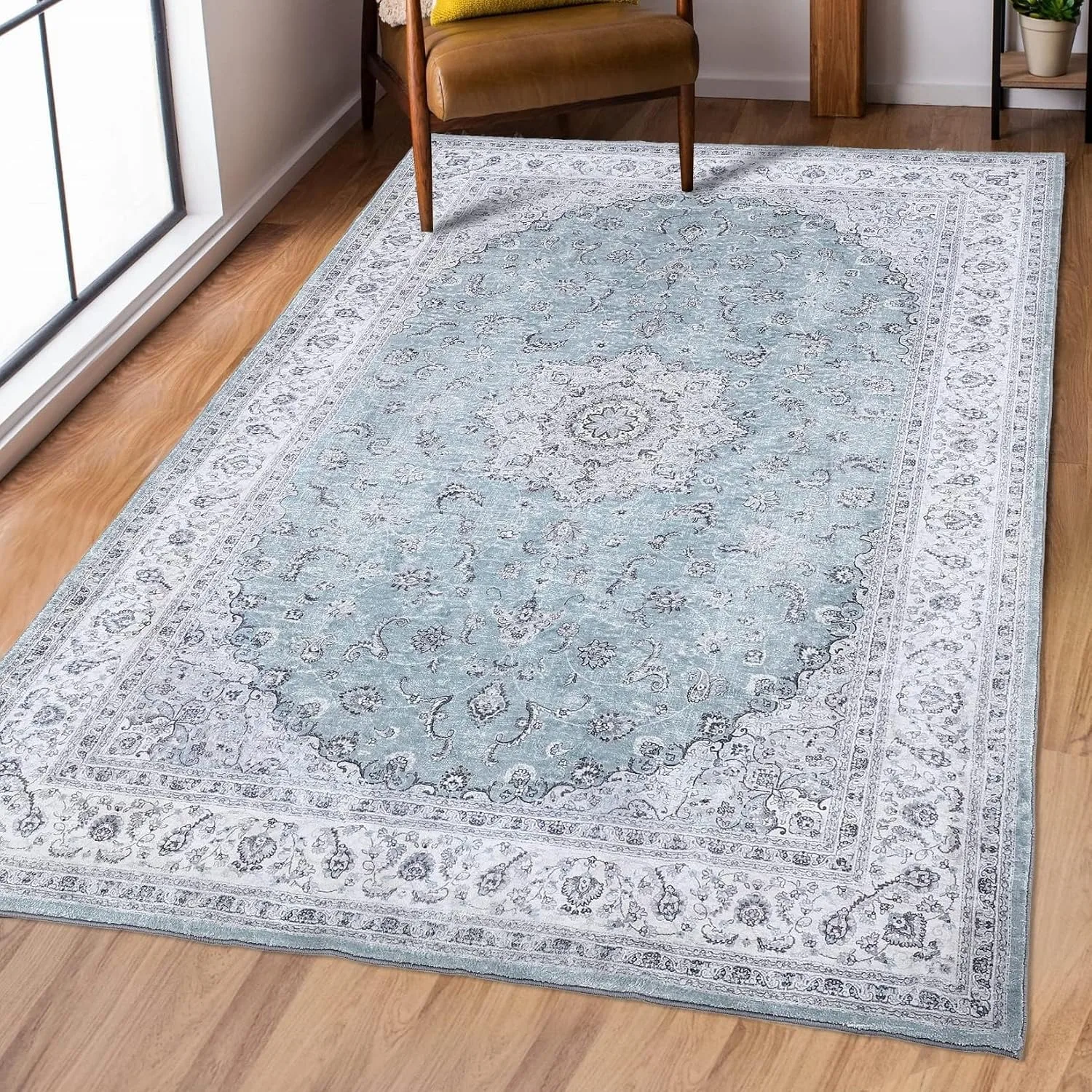 120cmx170cm Vintage Distressed Area Rug Low-Pile Polyester Floor Mat with Non-Slip TPR Backing Machine-Washable Non-Shed Suitable for Under-Floor-Heating for Living Room Hallway Bedroom Home Office