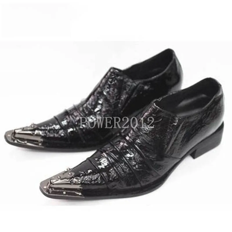 Batzuzhi Neue Vintage-Lederschuhe für Herren im Rock-Stil, spitz zulaufende Lederschuhe mit Metallspitze, schwarze Lederschuhe für Herren mit niedrigem Absatz