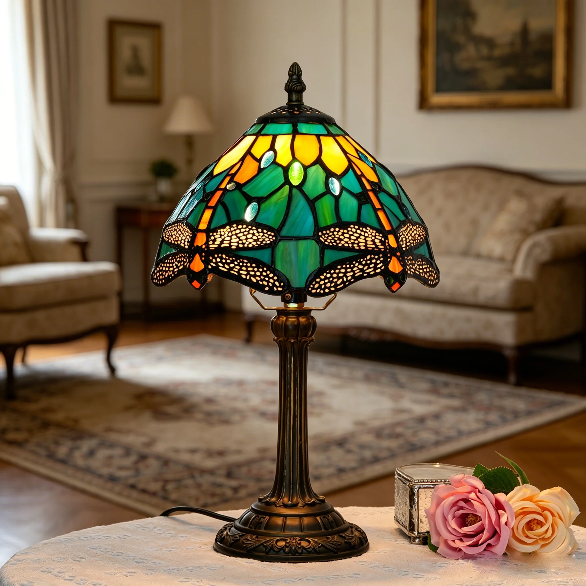 Tiffany-Lampen-Stil Buntglas-Tischlampe Grüne Libelle Schlafzimmer Nachttischlampe für Büro Bar Deko Retro Landhaus Schreibtischlampen