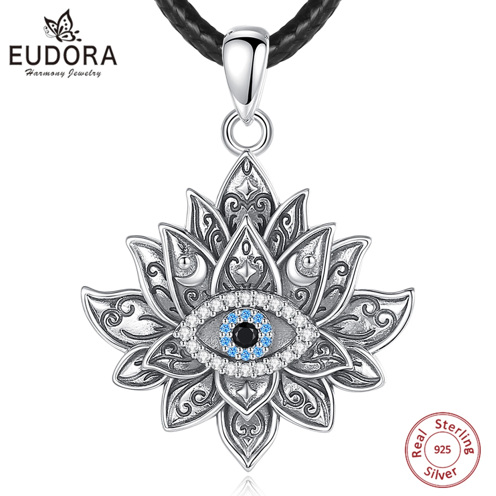 Eudora Sterling Silber bösen Blick Lotus Halskette Vintage bösen Blick Lotus Blume Anhänger Persönlichkeit Schmuck für Frauen Mann Geschenk