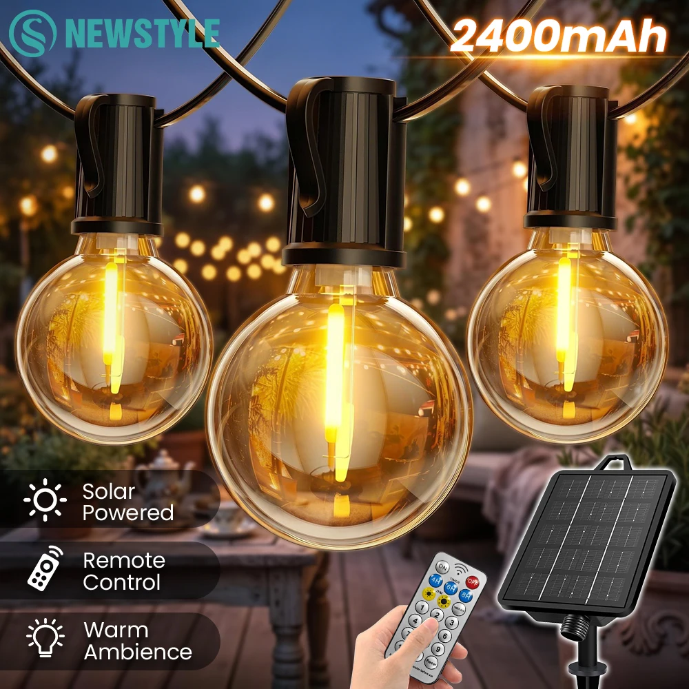 Solar-Lichterkette für den Außenbereich, G40, IP65 wasserdicht, G40-Glühbirne, 2400 mAh, Solar-Fernbedienungs-Lichterkette für Garten, Terrasse, Veranda, Party