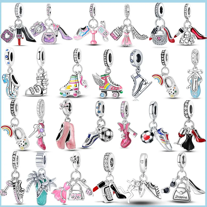 100% 925 Sterling Silber Mode High Heels Rollschuhe Sneakers Fußballschuhe Charms Perlen Passend für Original-Armbänder DIY Schmuck