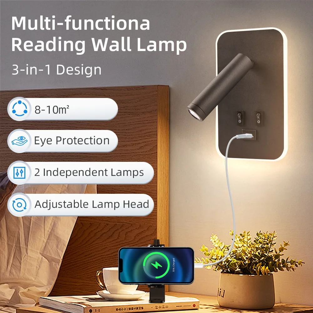 LED-Wandleuchte Leselampe mit Schalter USB Wandmontierte Leselampe für Innenräume Wohnzimmer Schlafzimmer Wandbeleuchtung 220V