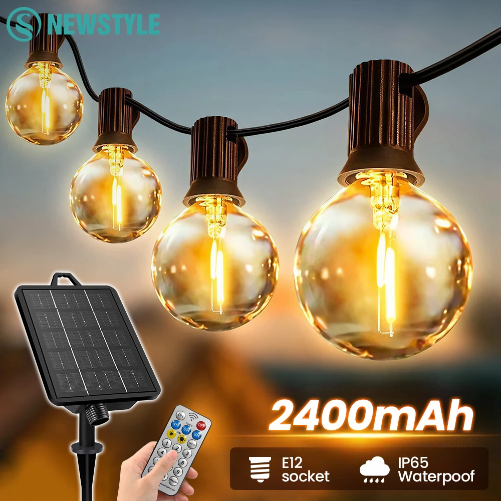 Solar-Lichterkette für Außen mit Fernbedienung & USB-Anschluss IP65 G40 Glühbirnen 2400mAh Dimmbar & Zeiteinstellbar 11 Modi Terrassenbeleuchtung Solarbetrieben