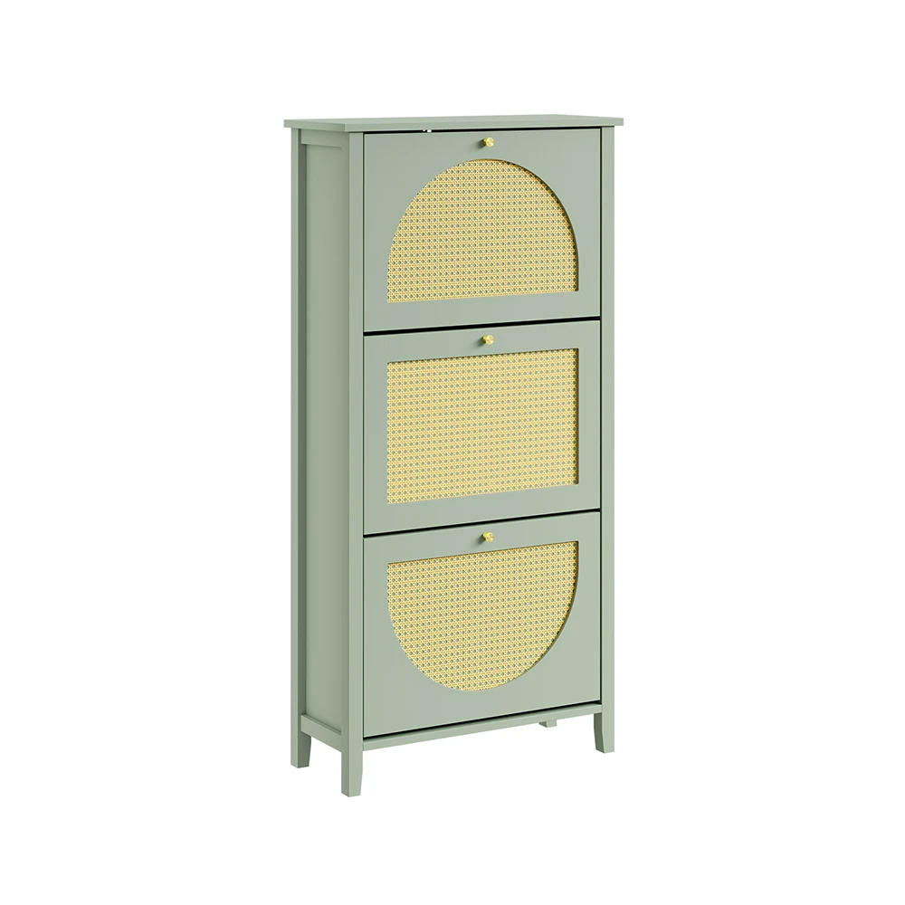 SoBuy FSR222-GR Schuhschrank schmal hoch mit 3 Klapptüren Schuhkipper mit Rattan-Lüftungstüren Platzsparender Schuhschrank für Flur 62×25×121.5 cm