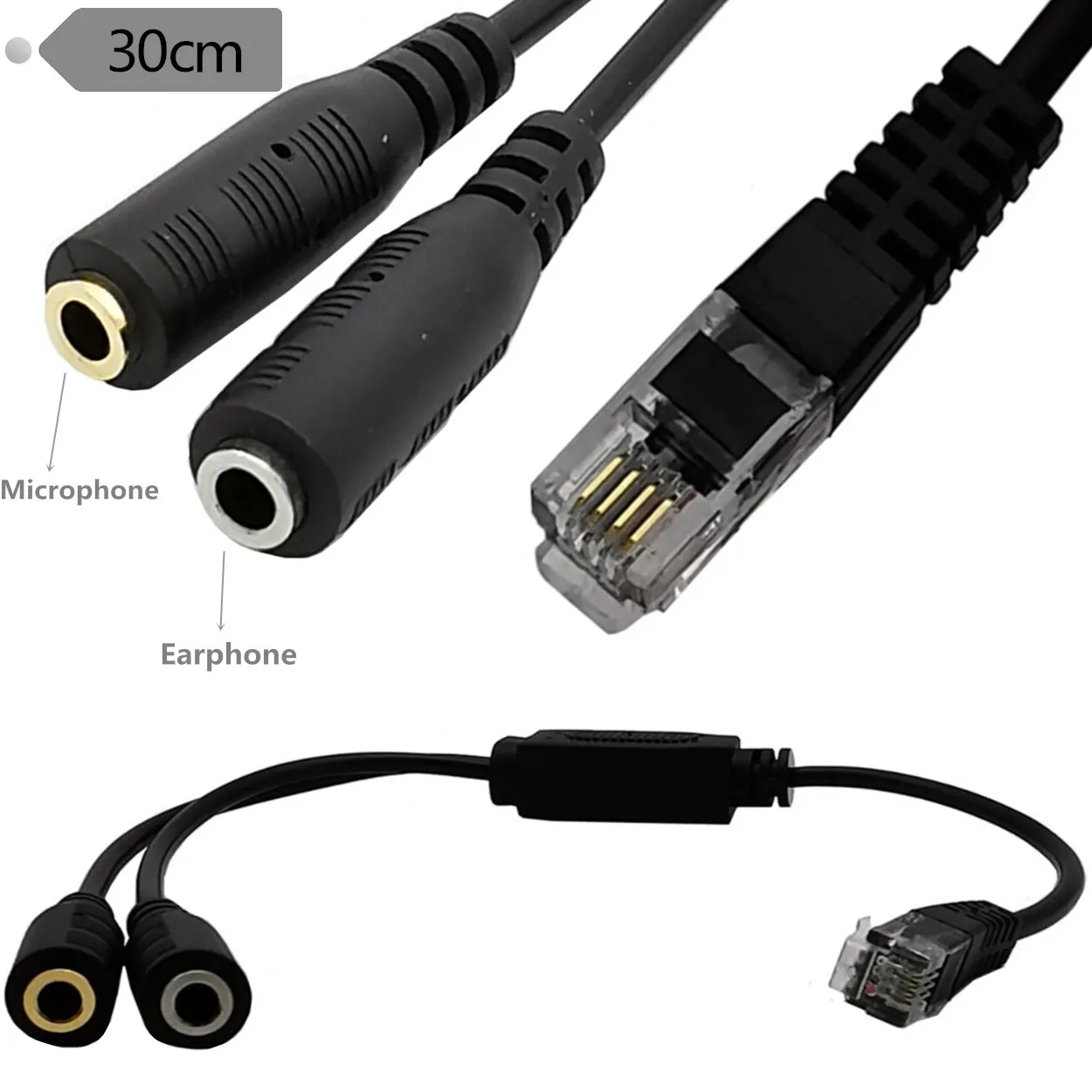 RJ9-Stecker auf 2 x 3,5 mm Klinkenkonverterkabel für PC-Computer-Headset auf Avaya 1600 9600 SNOM Yealink-Telefone 30 cm
