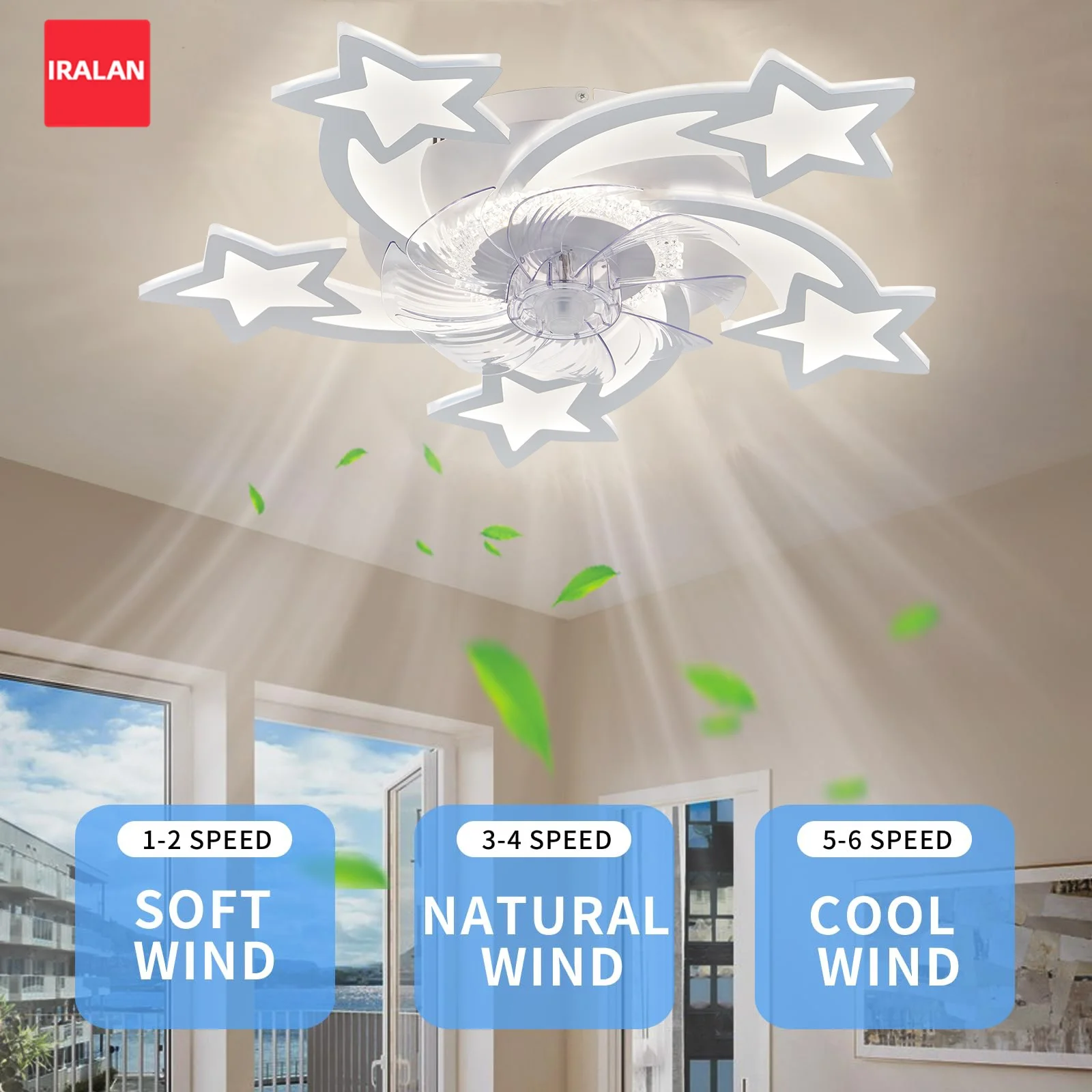 Geräuschloser Deckenventilator mit Beleuchtung Sternenlampe Intelligente Fernbedienung Dimmbar Zeitschaltuhr Deckenventilator mit Lampe für Arbeitszimmer Wohnzimmer