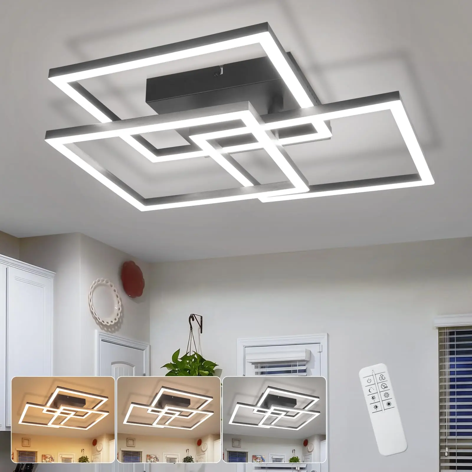 LED Deckenlampe Dimmbar Wohnzimmer Deckenleuchte - 31W Modern Wohnzimmerlampe Decke mit Fernbedienung Eckig Design Deckenbeleuchtung für Schlafzimmer Küche Büro