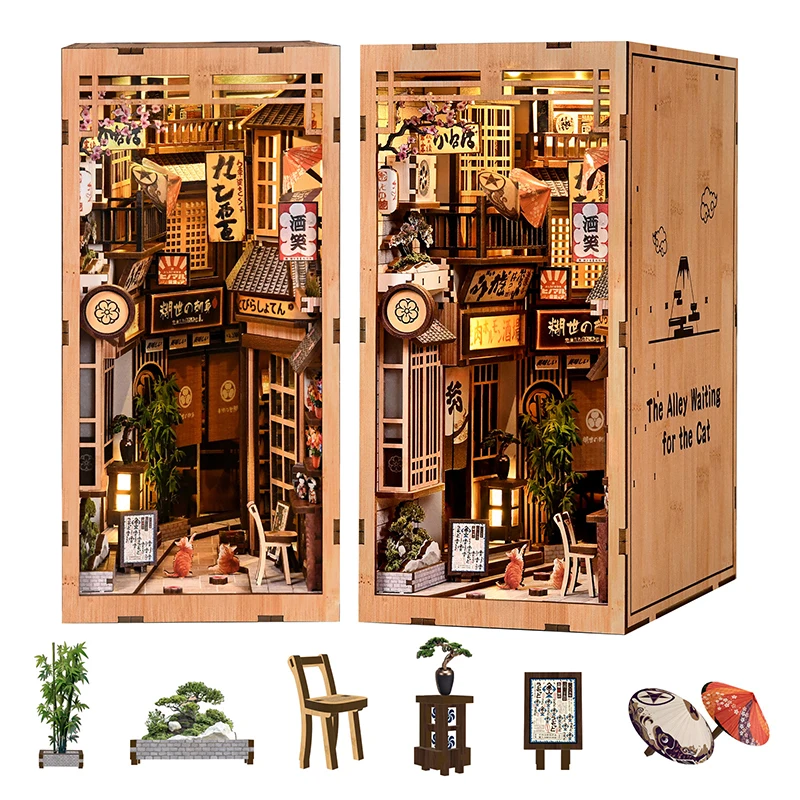 DIY-Buchecke aus Holz, Miniatur-Modellbausätze „The Alley Waiting for the Cat“, Buchstütze, 3D-Puzzle mit Licht für Freunde, Geburtstagsgeschenke
