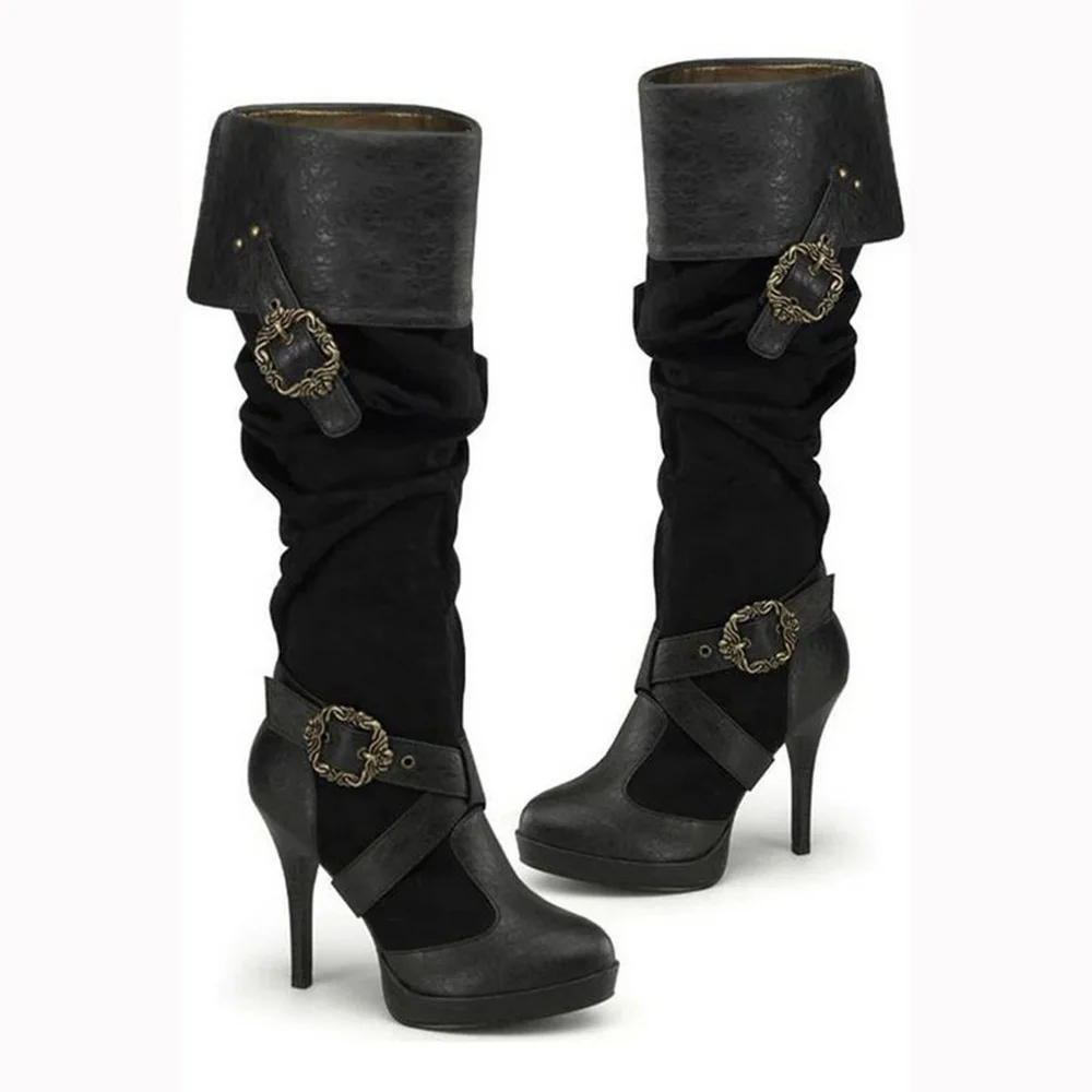 Kniehohe Damenstiefel, lange Stiefel im Vintage-Renaissance-Stil, modische Schuhe für Bühnenshows, spitze Zehenpartie, Schwarz, Braun, Kaffeebraun, Direktversand