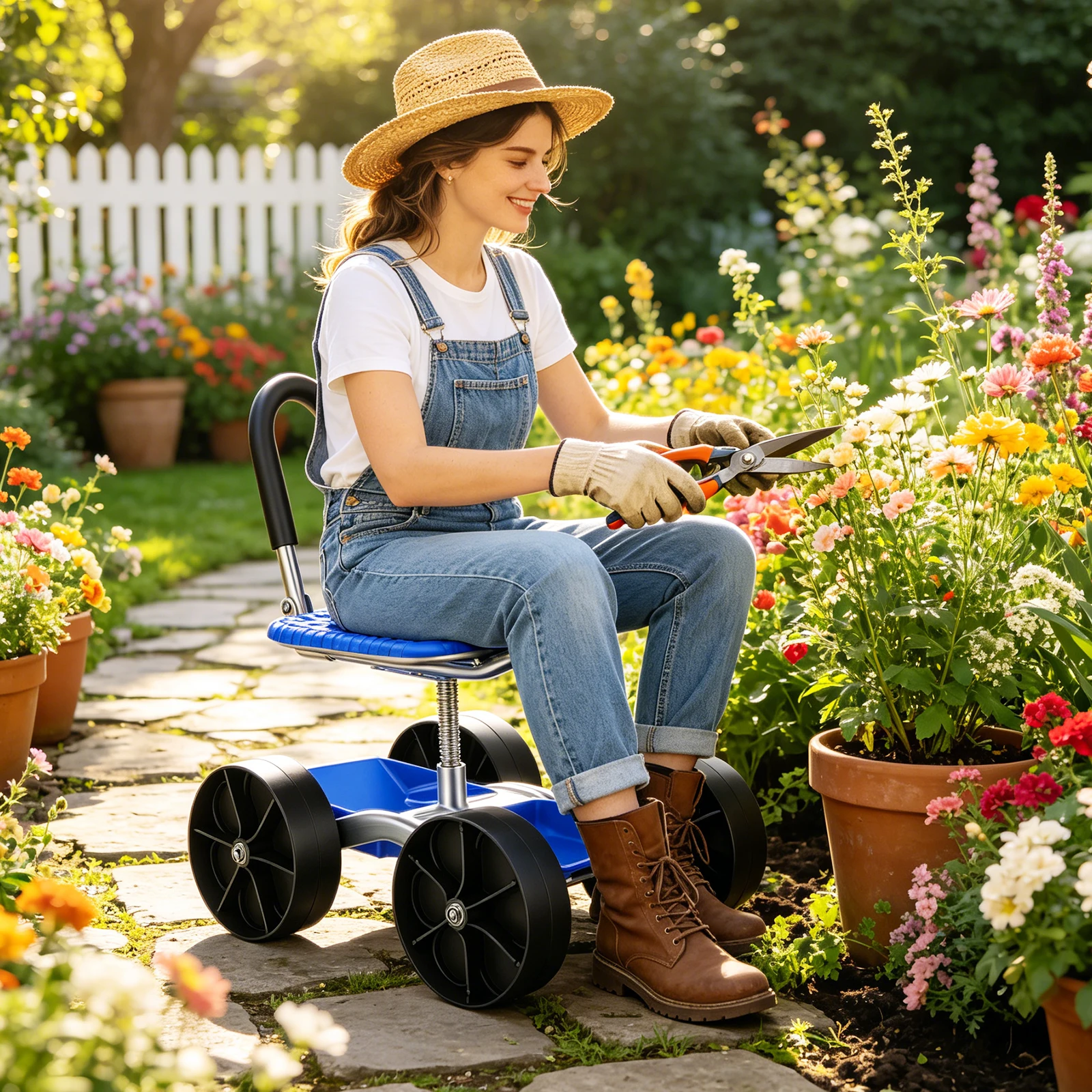 Chariot de jardin roulant avec siège de travail et roues, siège de jardin roulant, 360 ° Tabouret de jardin pivotant et réglable en hauteur, chariot de jardin roulant avec poignée et compartiment de