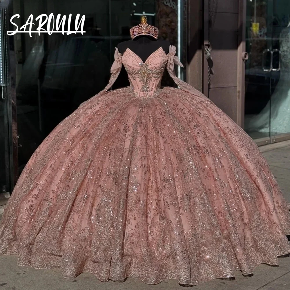 Luxury Rose Gold Quinceanera Dress Customized Corset Bodice Tiered Glitter Lace Long Train Ball Gown Sweet 15 16 Princess Wear