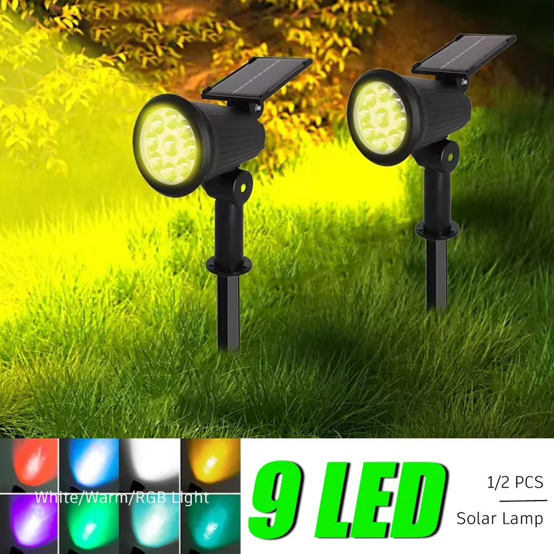 Solar-LED-Licht, 9, hervorgehobene LED-Strahler, wasserdichte IP65-Leuchten für den Außenbereich, Helligkeit einstellbar für Garten-Hinterhof-Einfahrt