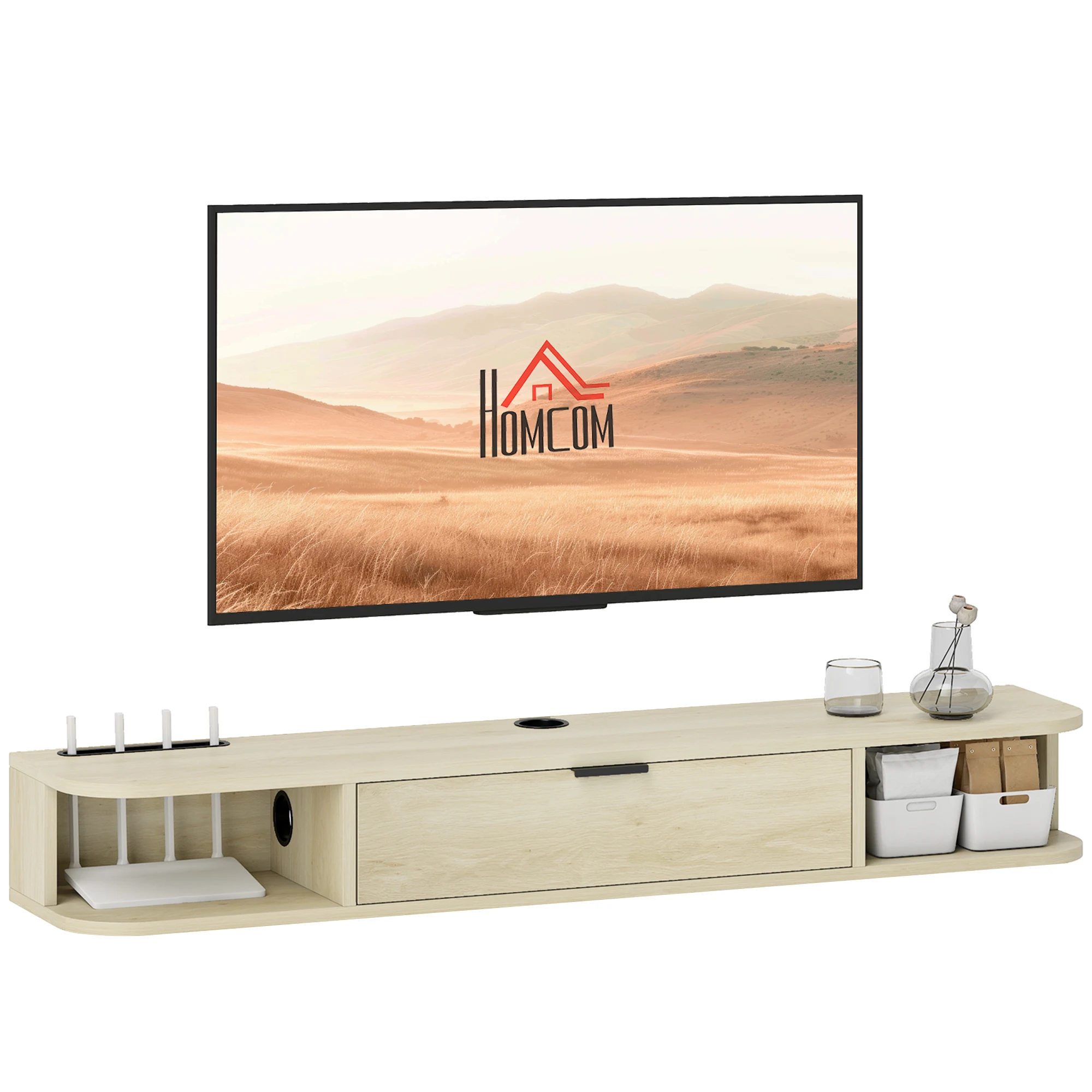 HOMCOM TV-Möbel zum Aufhängen, TV-Möbel für Fernseher bis 50 Zoll, 2 Schubladen, 2 Regale, 120 x 24 x 16 cm, naturfarben