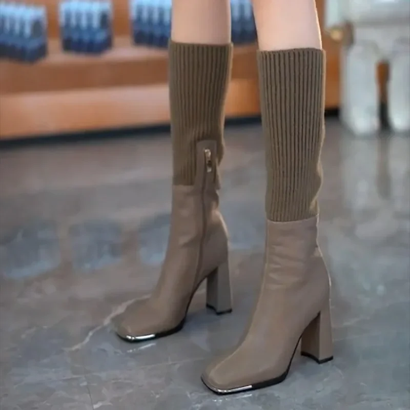 Frauen High Heel Stiefel Winter Vintage Mode Ritter Stiefel Seite Zipper Leder Schuhe Temperament Designer Frauen Schuh für Zwei Tragen