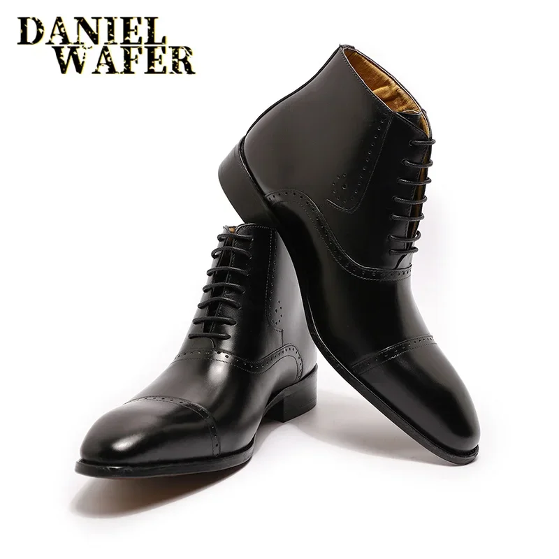 Modische Herren-Stiefeletten, formelle Kleidung, Lederschuhe, Western-Cowboy-Stil, Schnürung, lässige braune/schwarze Stiefel für Herren