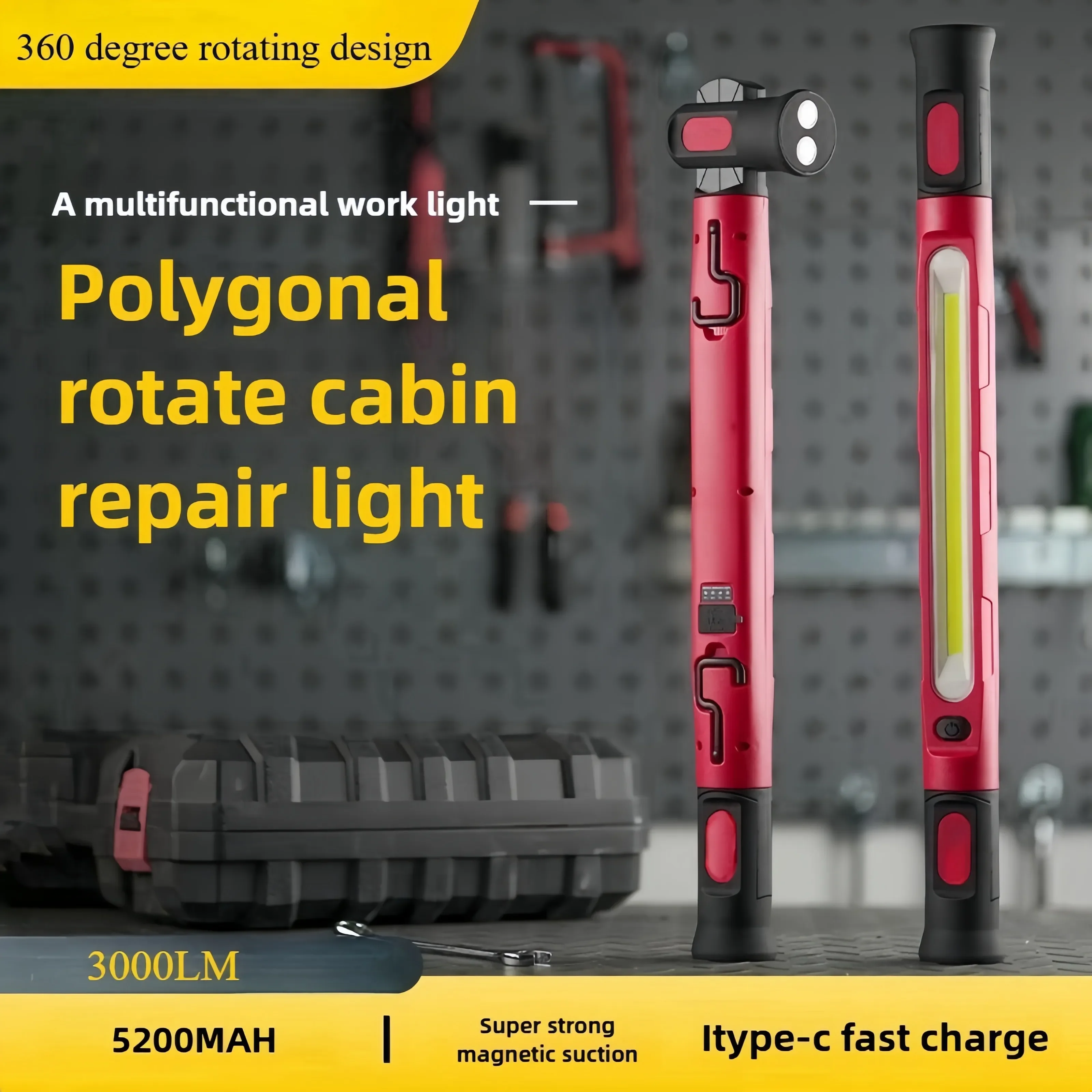 Superhelle magnetische Arbeitsleuchte mit integriertem 5200mAh-Akku, Arbeitslampe für die Motorhaube, geeignet für Autoreparaturen und Außenbeleuchtung.