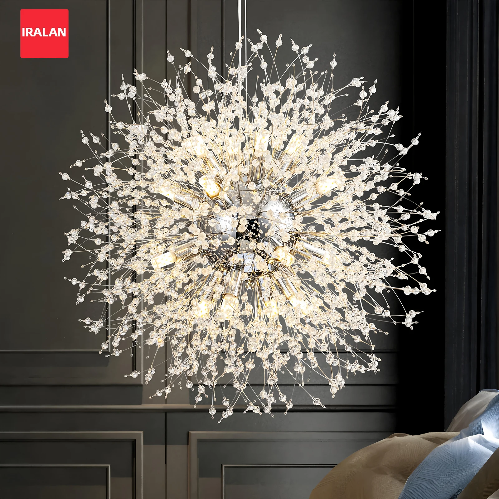 IRALAN Luxus-Deckenleuchte Pusteblumen-Kristall-Pendellampe 3-Farben-Licht LED-Deckenlampen Esstisch Wohnzimmer Kronleuchter