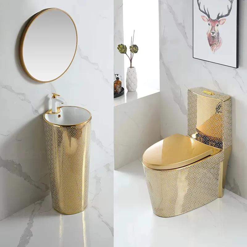 Deluxe All-in-One-Badezimmerausstattung, Keramik-Toilettenset und Waschbecken, goldene Toilette