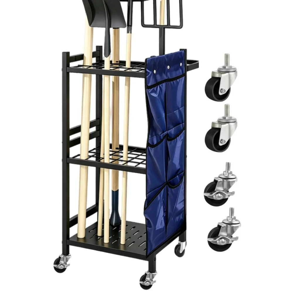 Organisateur d'outils de jardin sur roulettes, étagère à 3 niveaux avec poches latérales de rangement, support robuste en acier avec 4 crochets pour garage, jardin, terrasse, abri de jardin