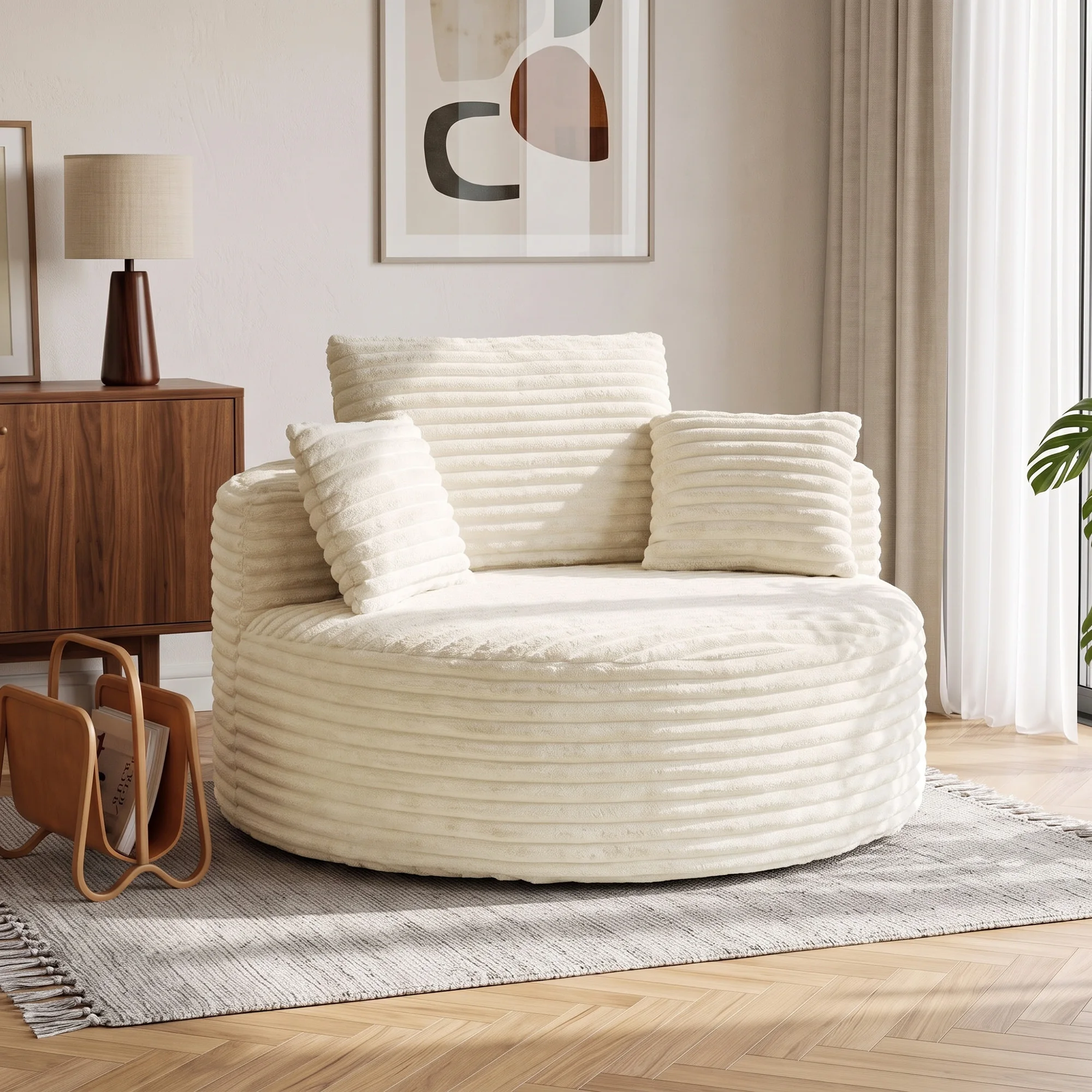HOMCOM Sessel Loungesessel mit Extra Tiefer, Breiter Sitzfläche, Rahmenloser Polstersessel mit Dekokissen, Bequem Cloud Relaxsessel aus Cord-Optik bis 250 kg für Wohnzimmer, Schlafzimmer, Cremeweiß